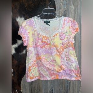 Lauren Ralph Lauren bright pastel water colored size medium embroidered top